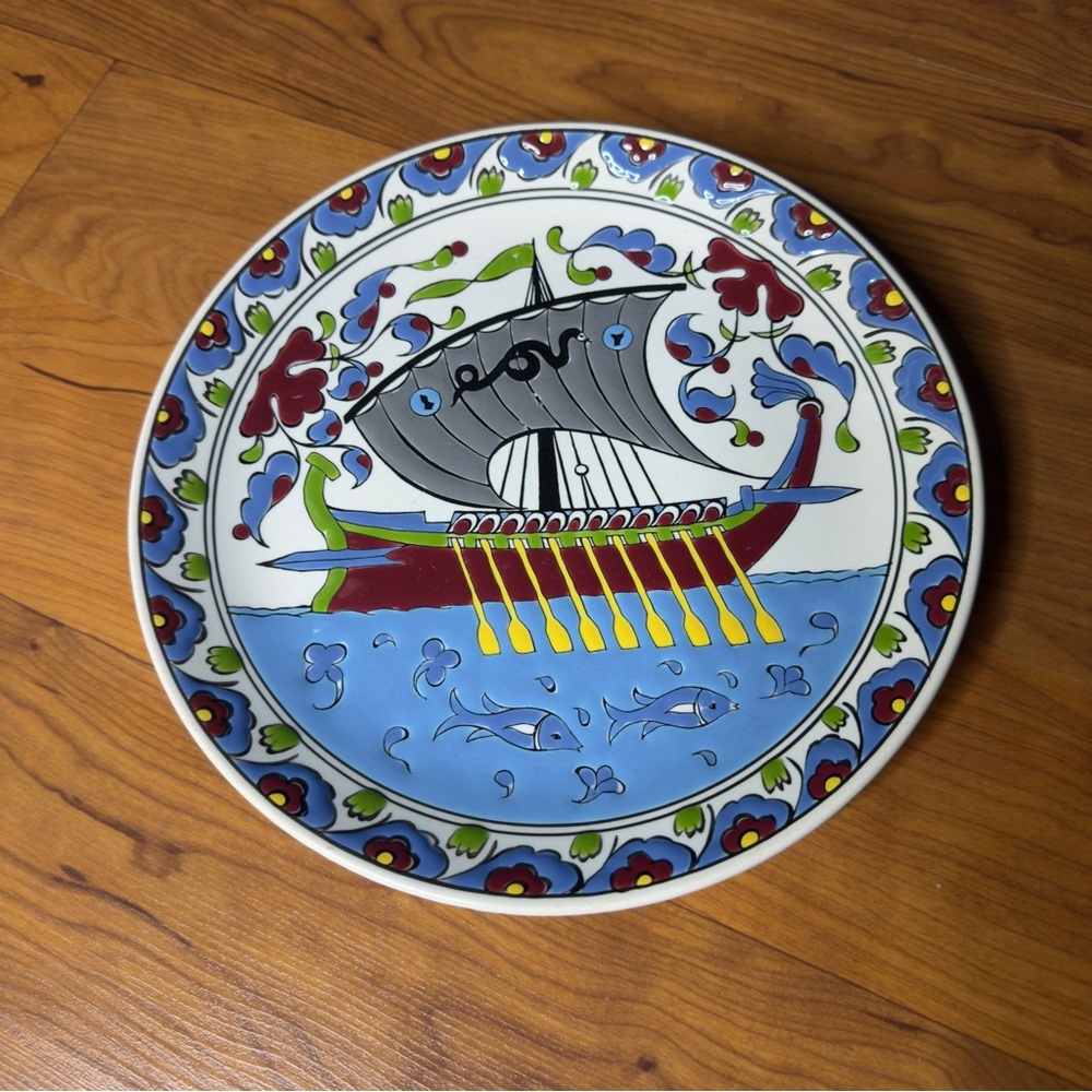 Vintage Greece Hand Painted Rodos Nautical Ceramic Plate Pottery Sailing Greek